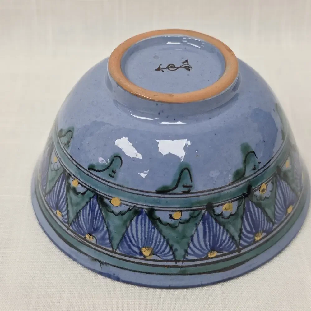 Hand Painted Blue Green Floral Art Pottery Bowl Signed 5.5